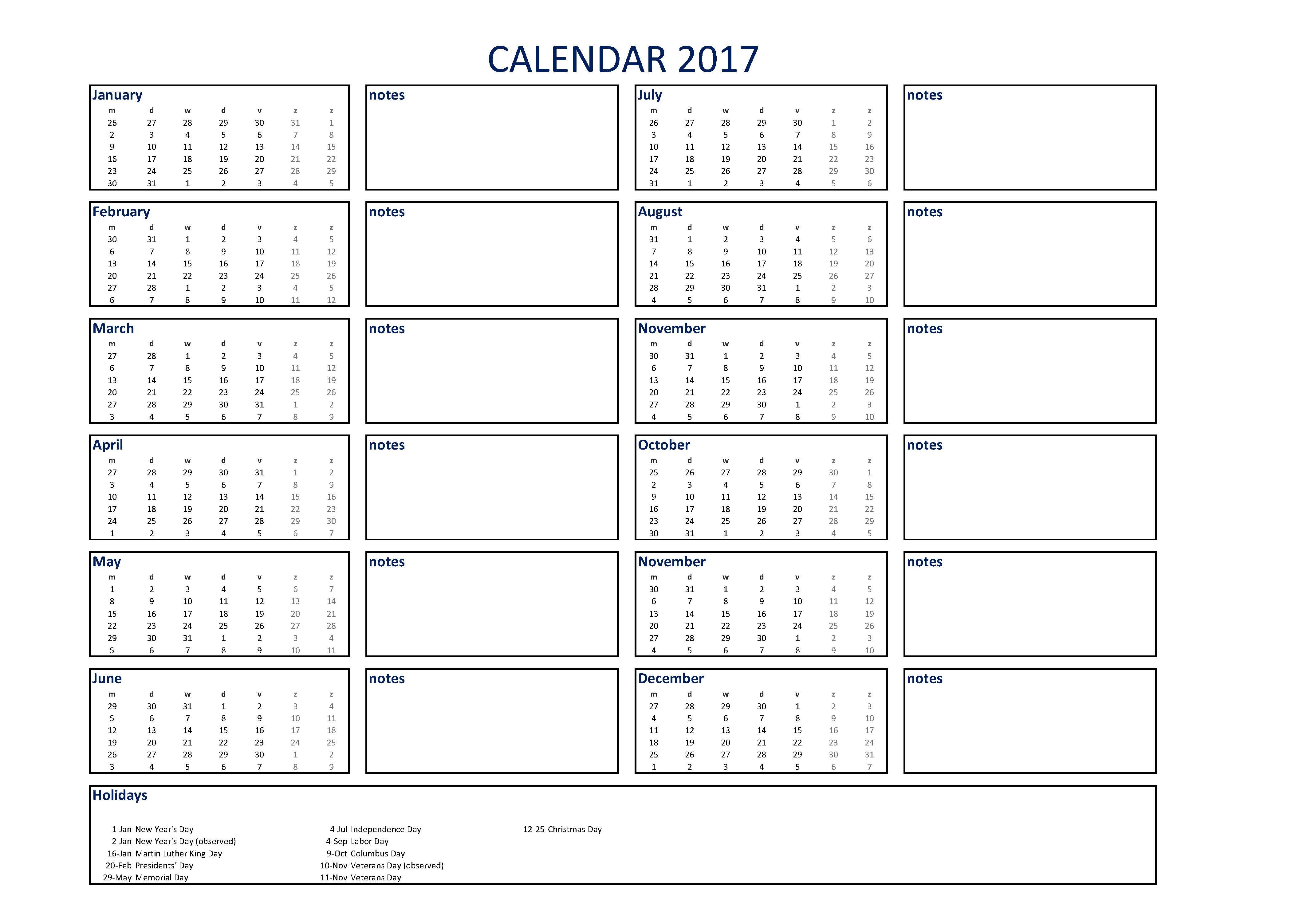 2017 calendar excel a3 with notes voorbeeld afbeelding 