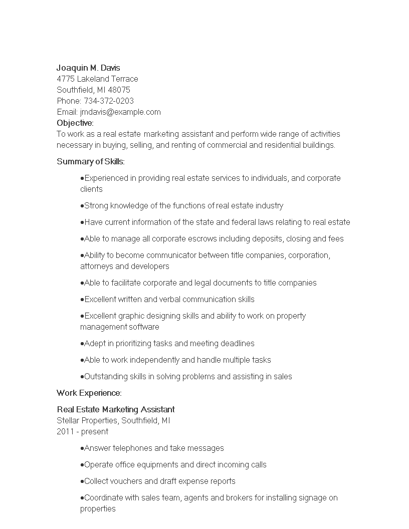 real estate marketing assistant resume template