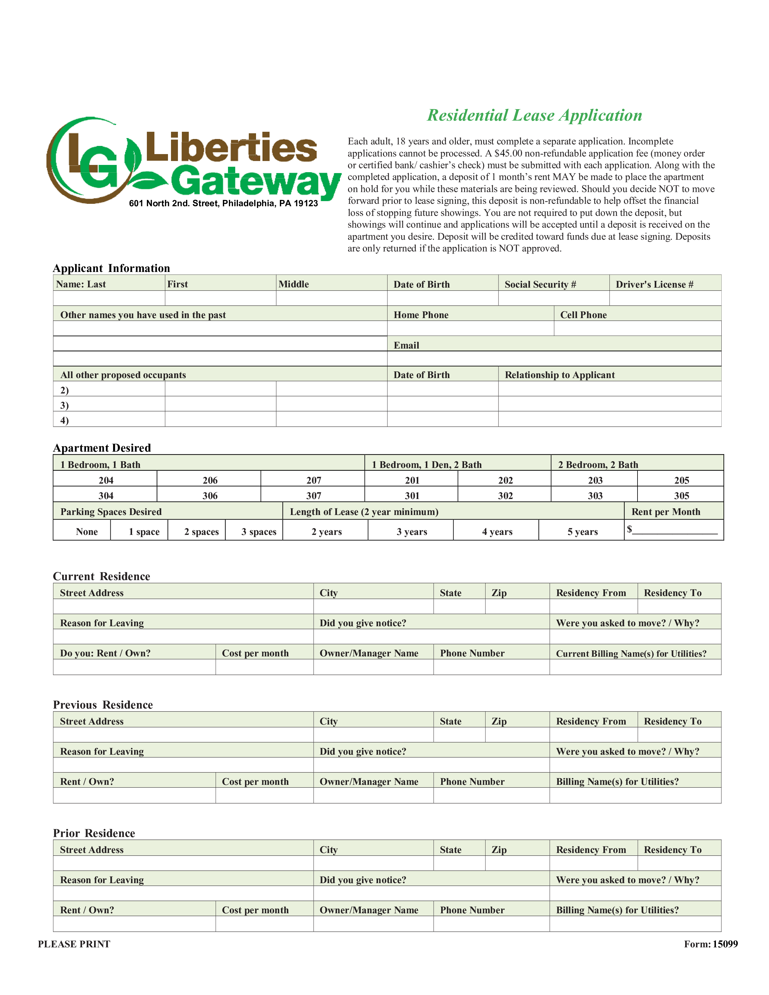 Printable Residential Lease Application main image