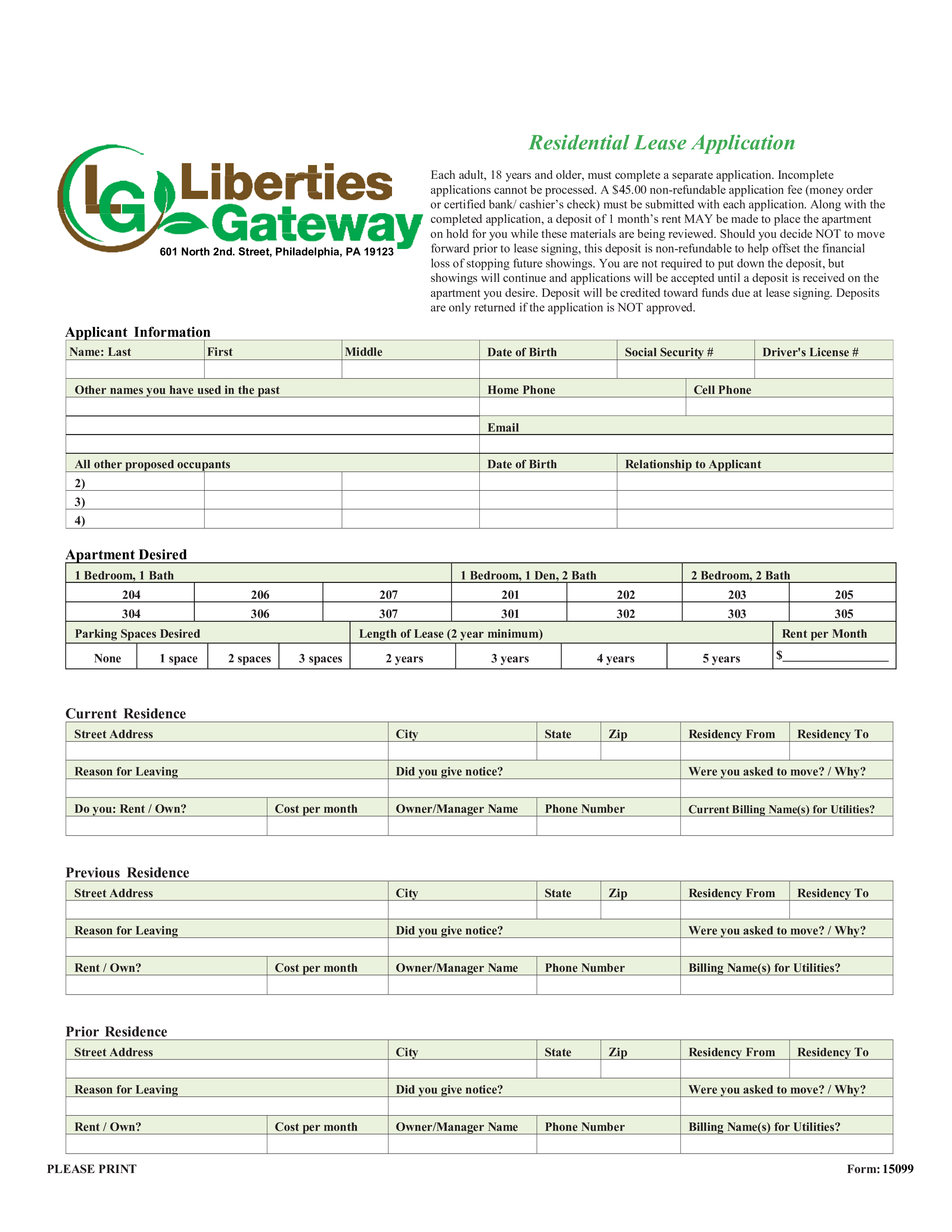 printable residential lease application template