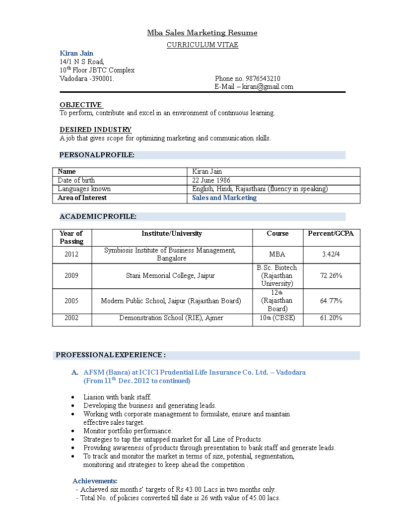 MBA Sales Marketing Resume main image