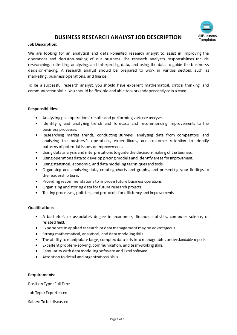 business research analyst job description template