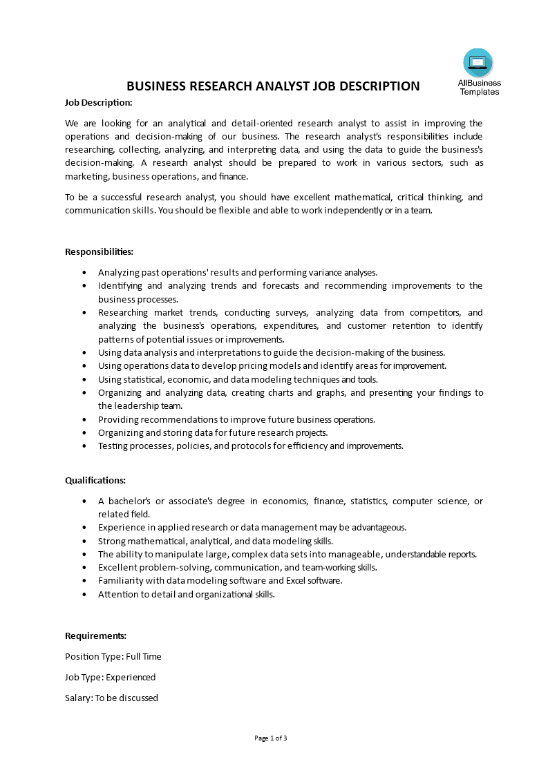 Business Research Analyst Job Description 模板