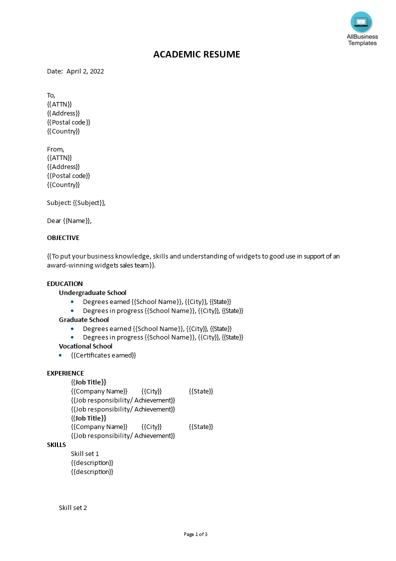 academic resume modèles