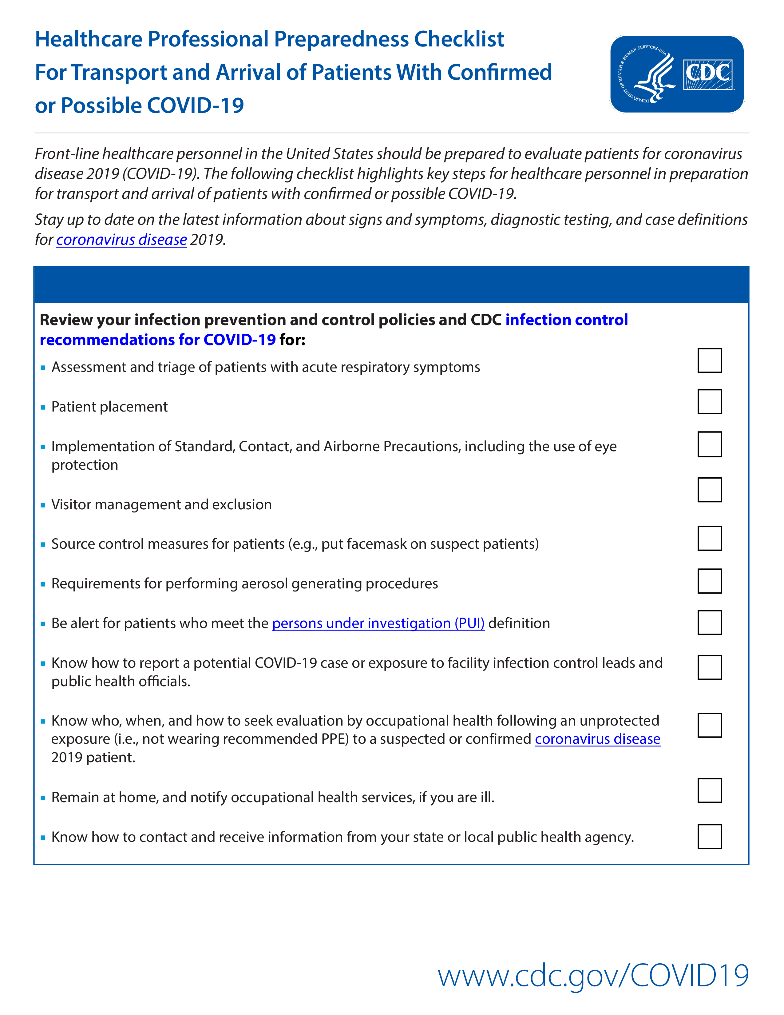 CDC COVID-19 Healthcare Preparedness Checklist 模板