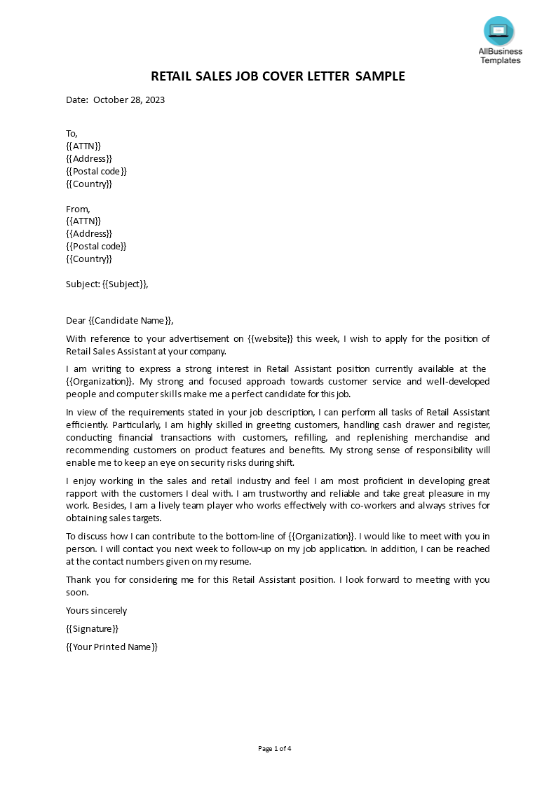 retail assistant job application letter Hauptschablonenbild