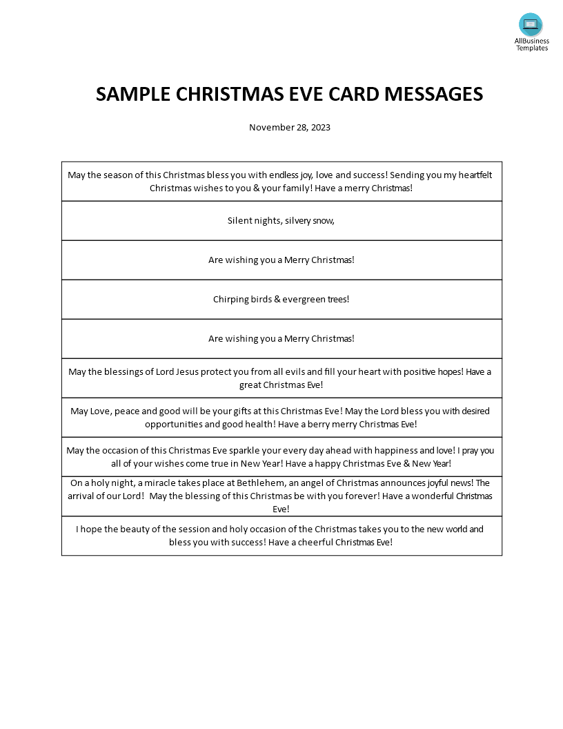 sample christmas eve card messages modèles