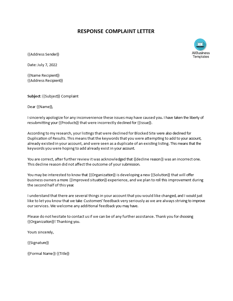 customer complaint response letter Hauptschablonenbild