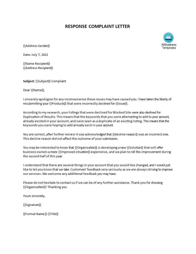 customer complaint response letter voorbeeld afbeelding 