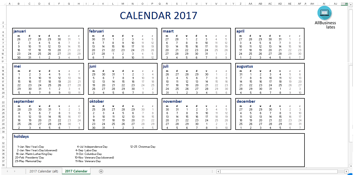 2017 Kalender Excel A4 模板