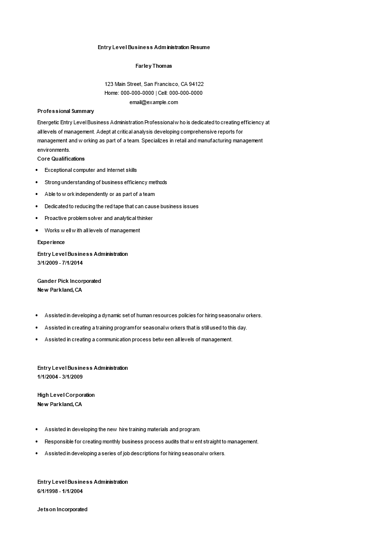 entry level business administration resume Hauptschablonenbild