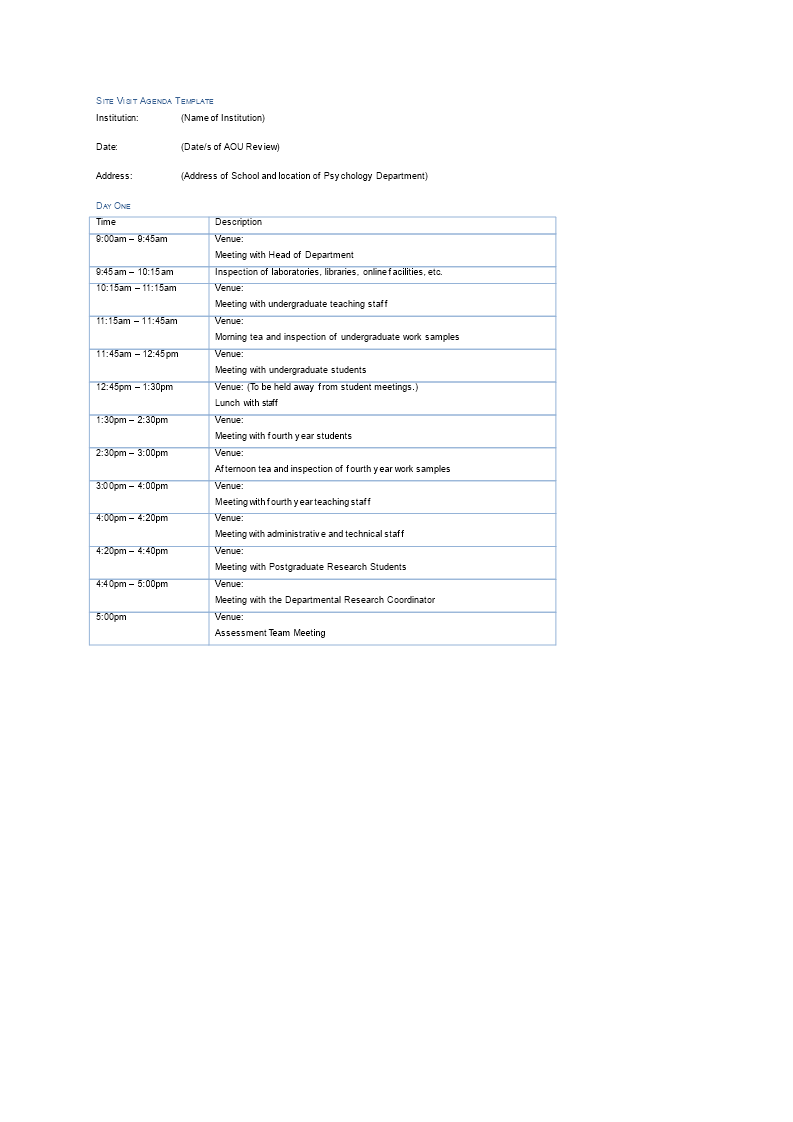 Site Visit Agenda 模板