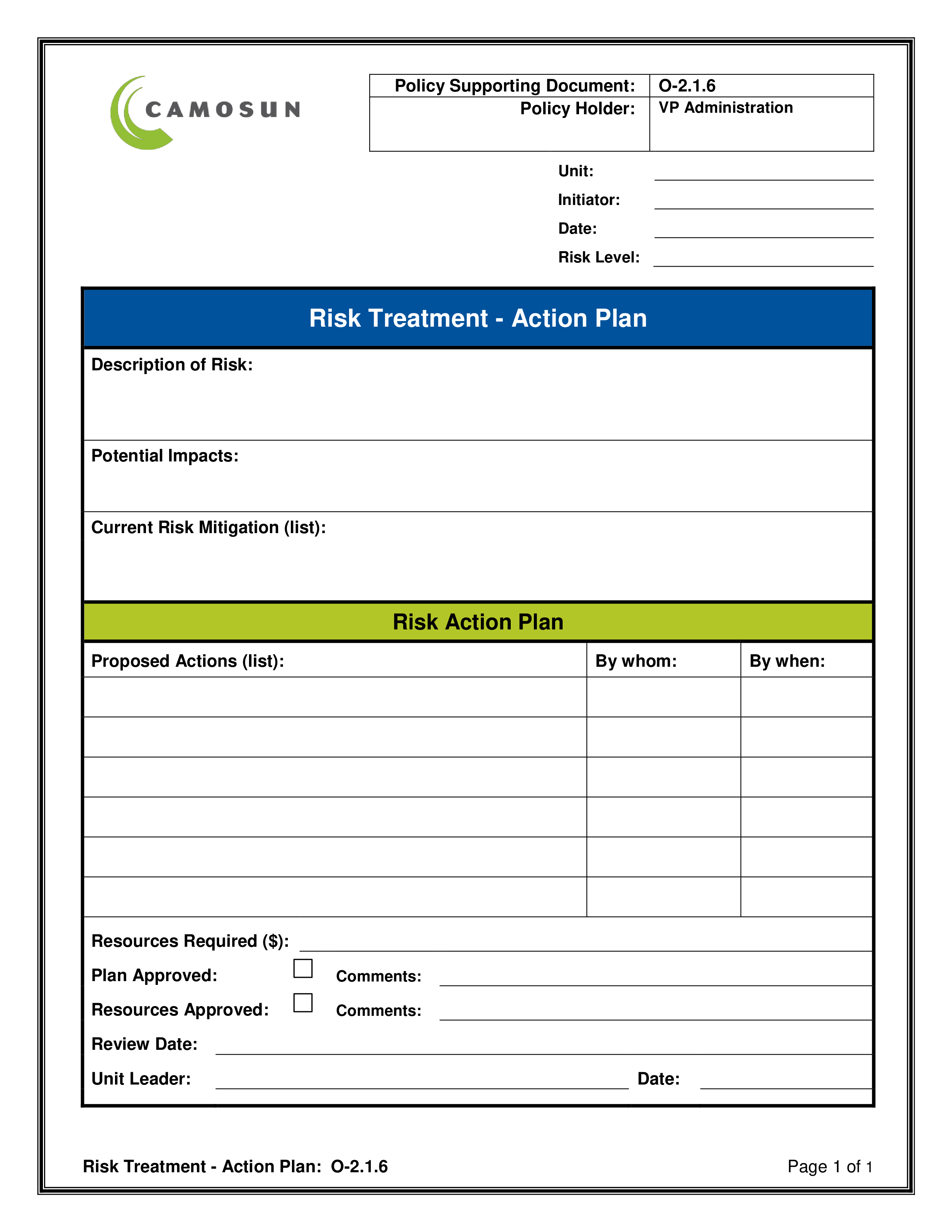 Risk Treatment Action Plan 模板