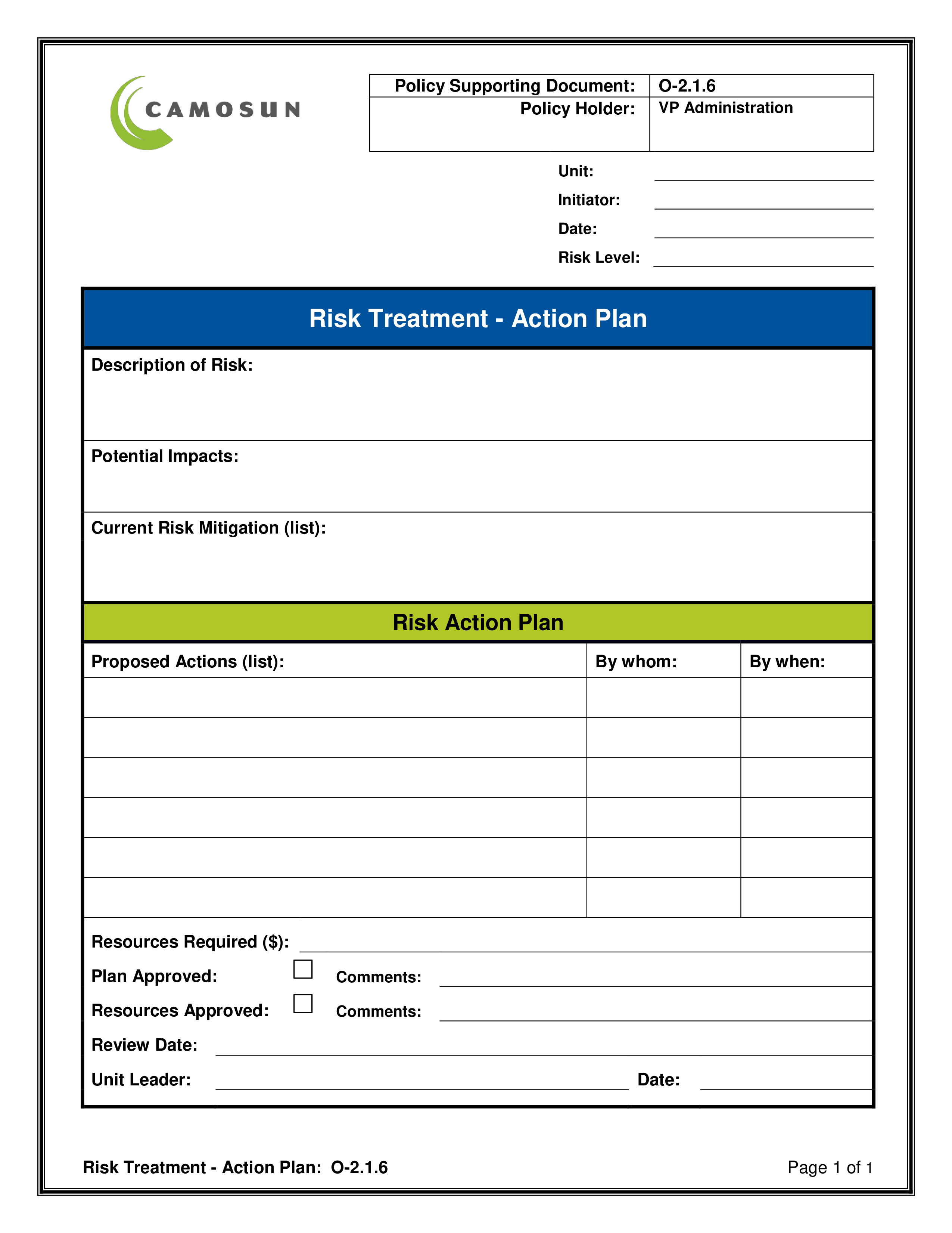 risk treatment action plan modèles