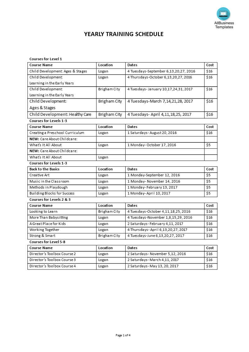 yearly training schedule modèles