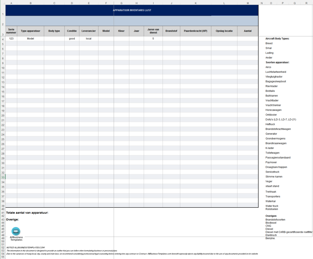 bedrijf apparatuurinventaris template modèles