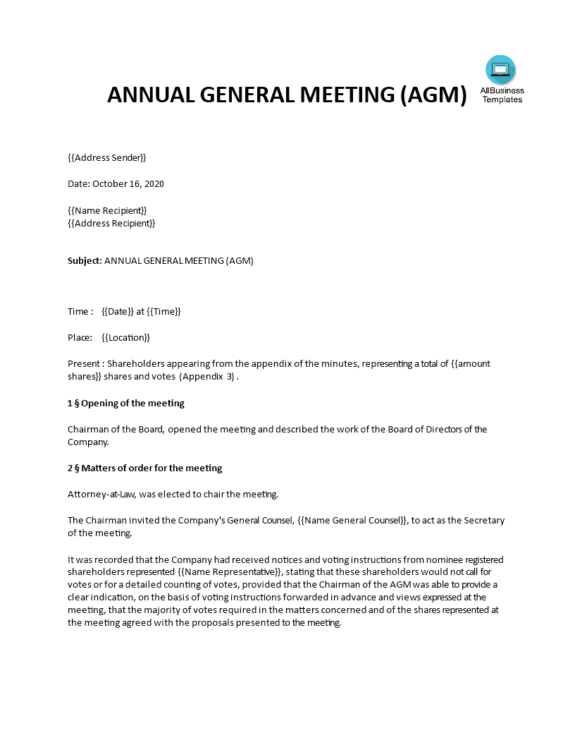 Annual General Meeting Minutes  Templates at Pertaining To Meeting Notice Template