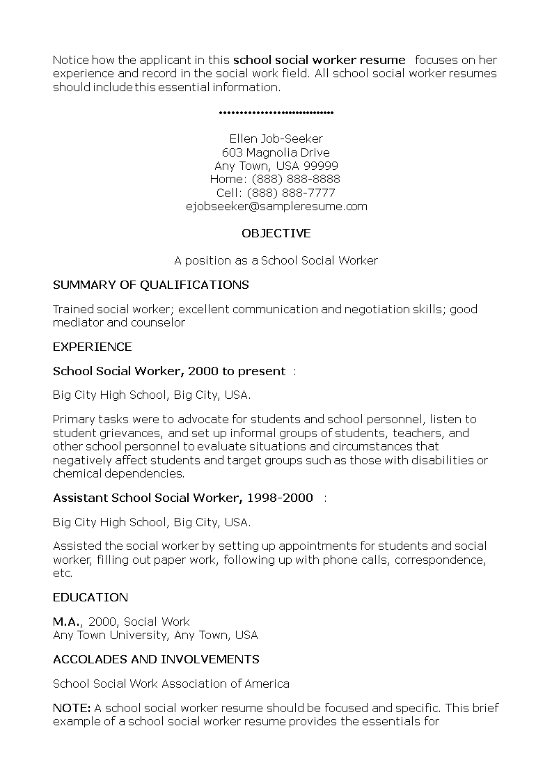 School Social Work Resume main image