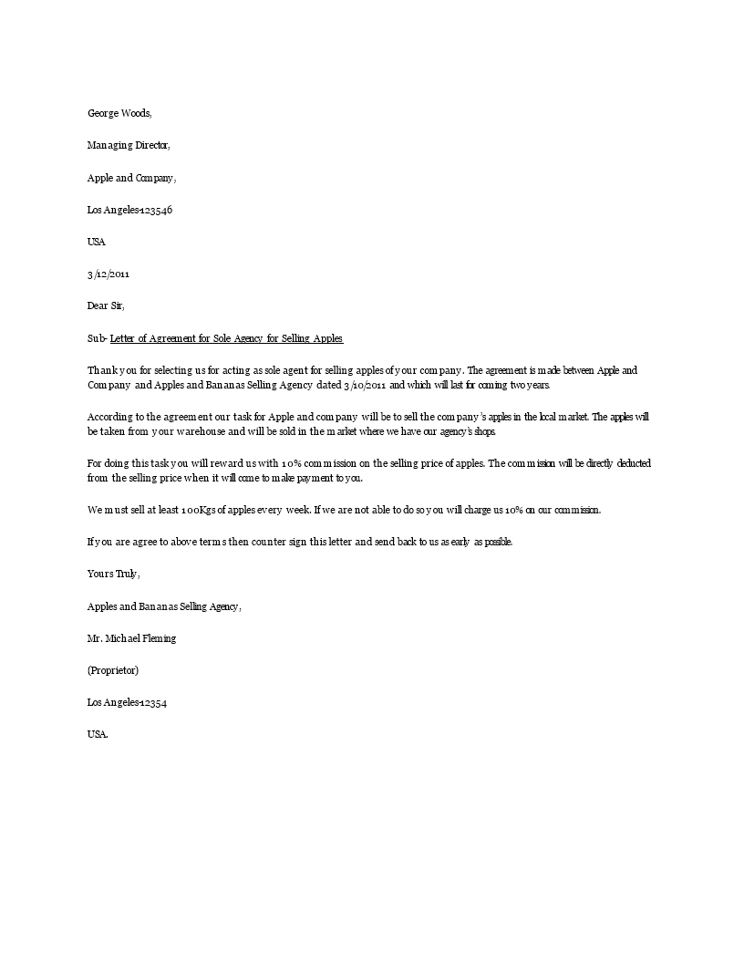 sole agency agreement letter voorbeeld afbeelding 