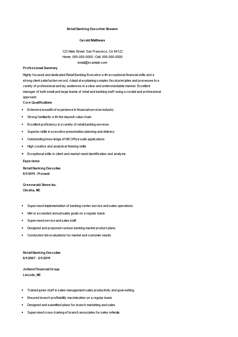 retail bank executive resume sample modèles