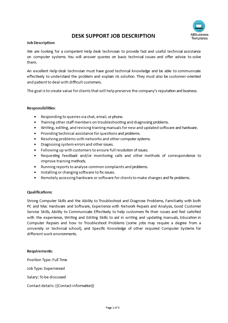 desk support job description template