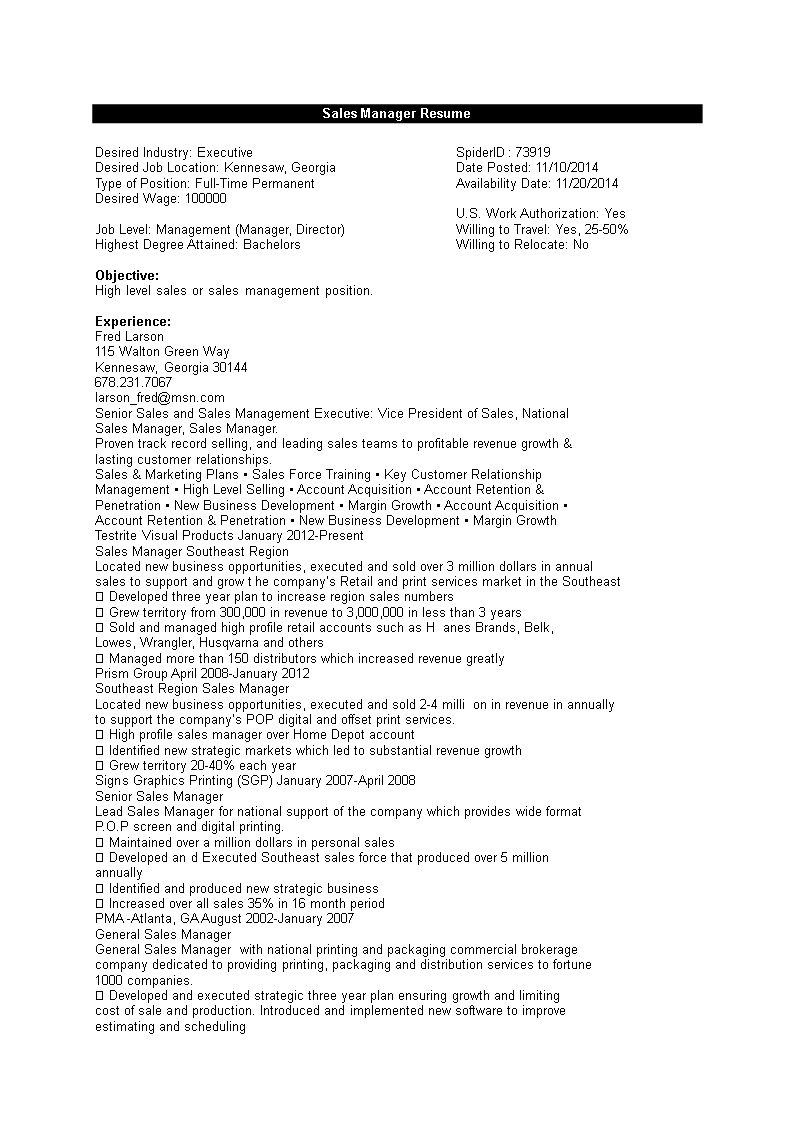 sales manager executive resume template modèles