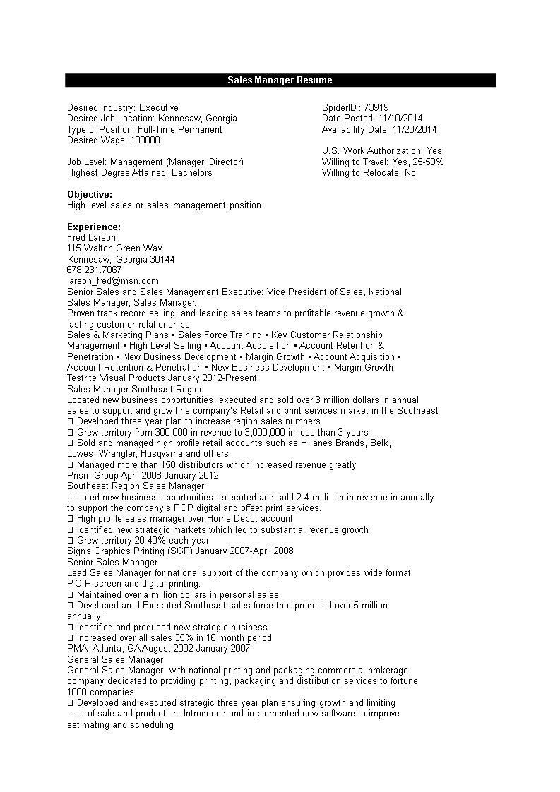 sales manager executive resume template voorbeeld afbeelding 