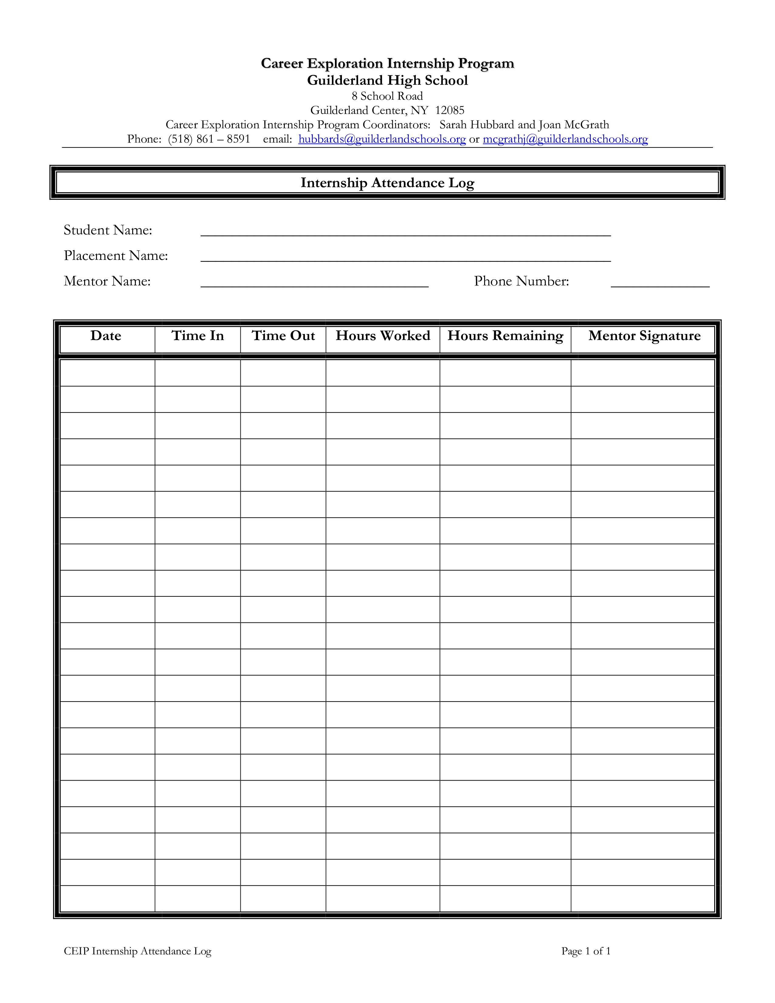 internship attendance log template