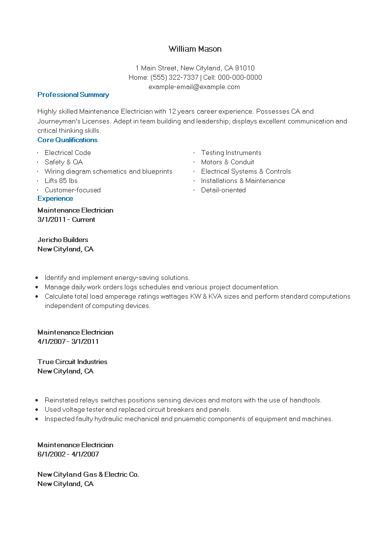 cv maintenance electrician template