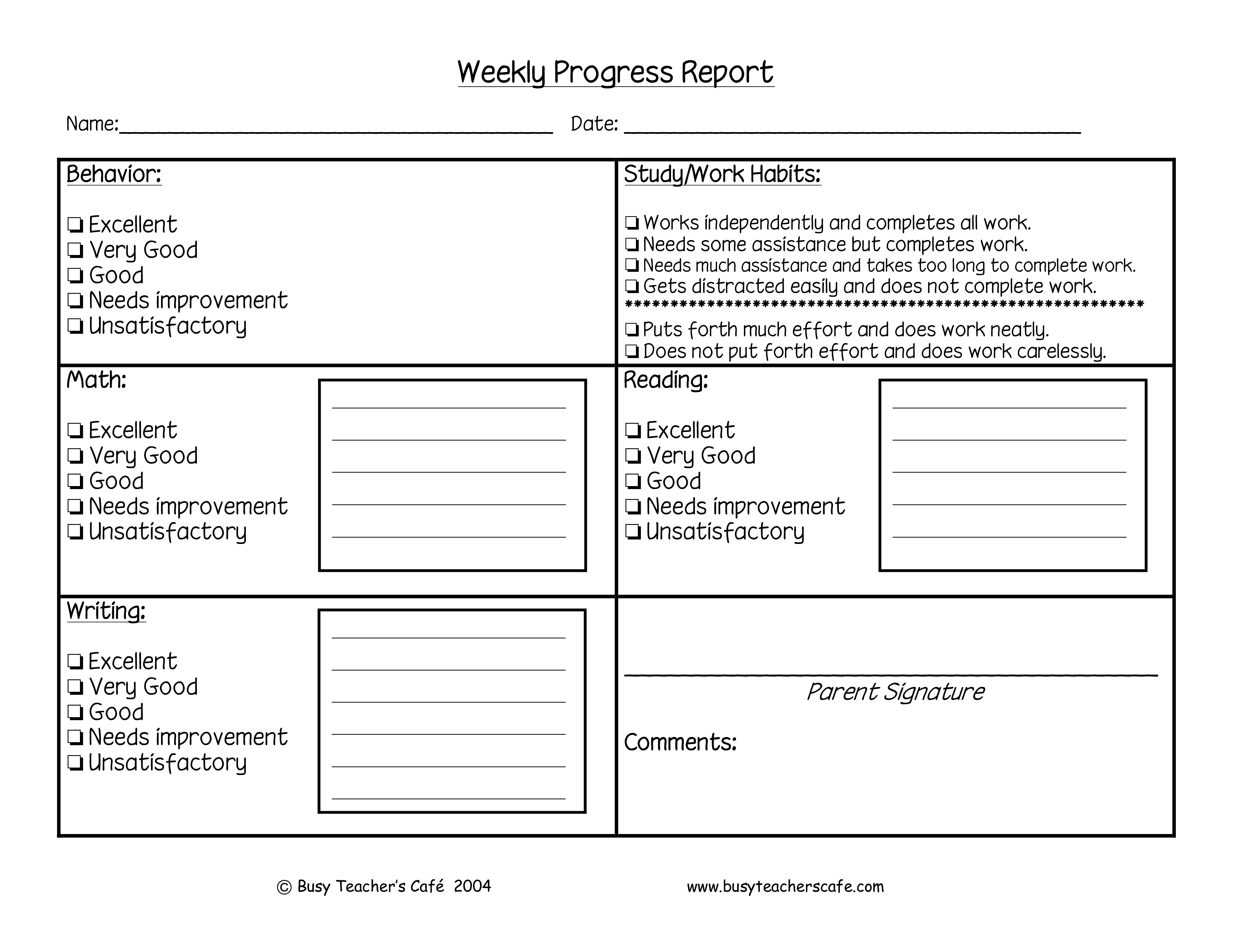 weekly student behavior report template