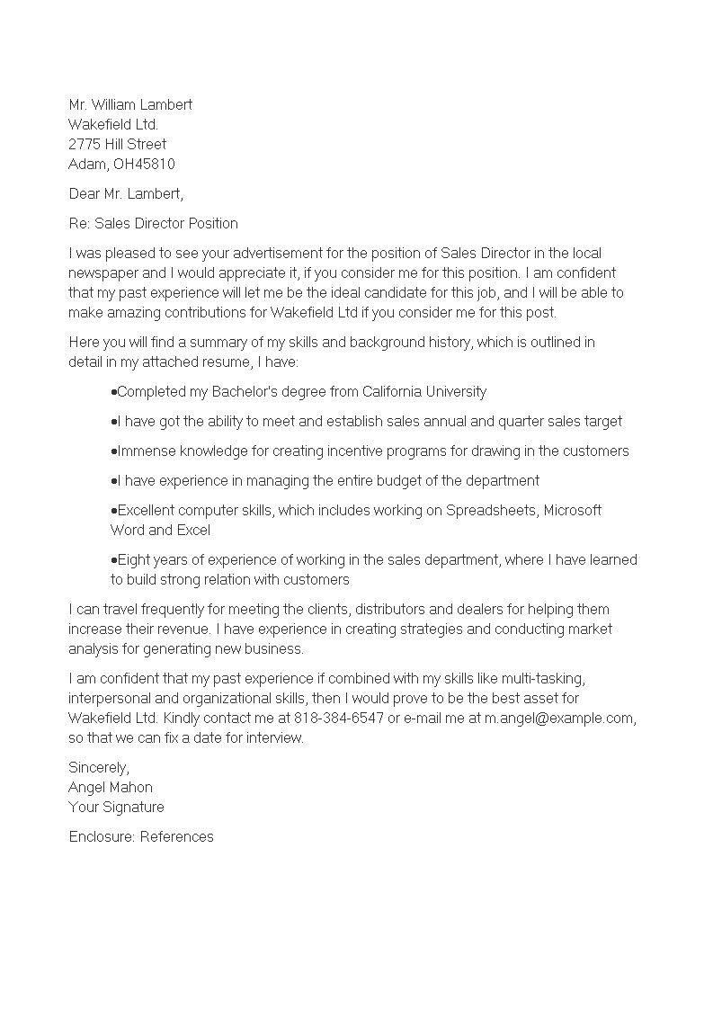 Sales Director Resume Cover Letter 模板