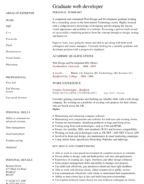 junior web developer curriculum vitae template