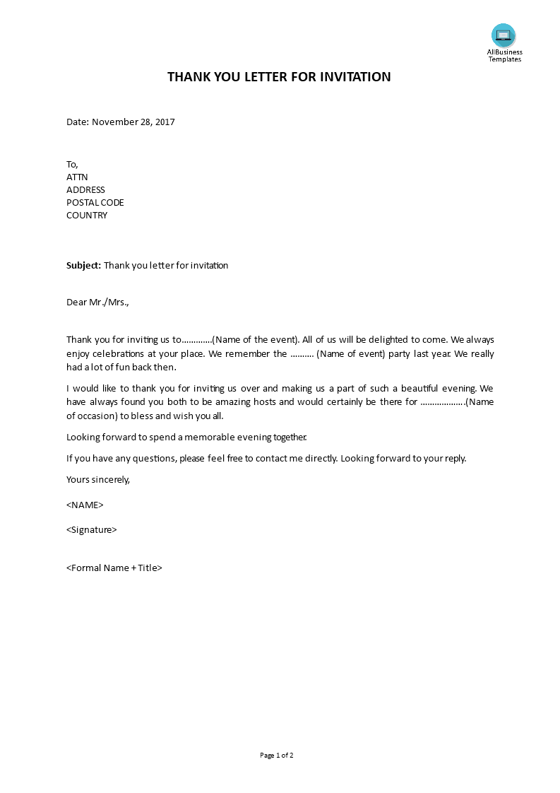 thank you letter for invitation voorbeeld afbeelding 