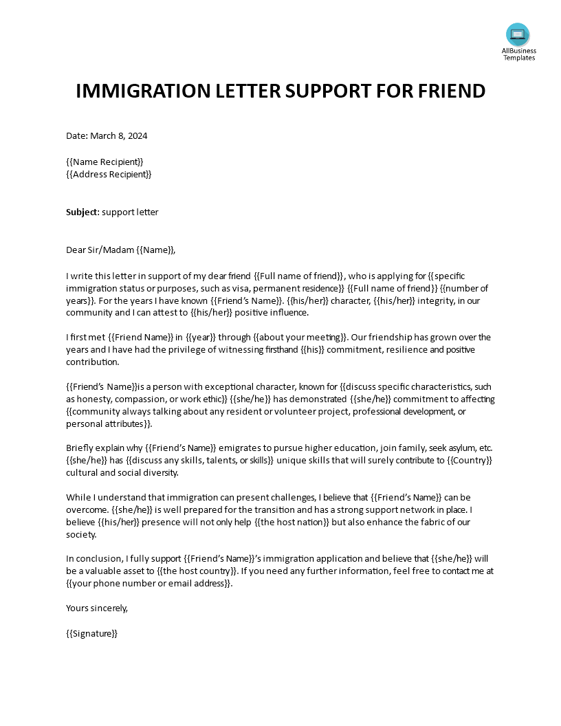 immigration letter of support for a friend template