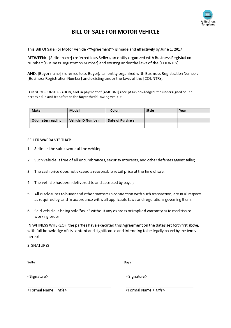 Bill of sale for motor vehicle 模板