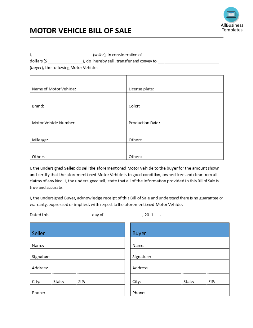 Motor Vehicle Bill Of Sale Template | Templates at allbusinesstemplates.com