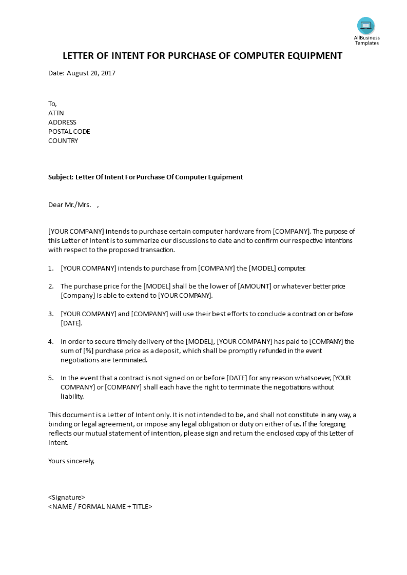 letter of intent to purchase computer equipment voorbeeld afbeelding 