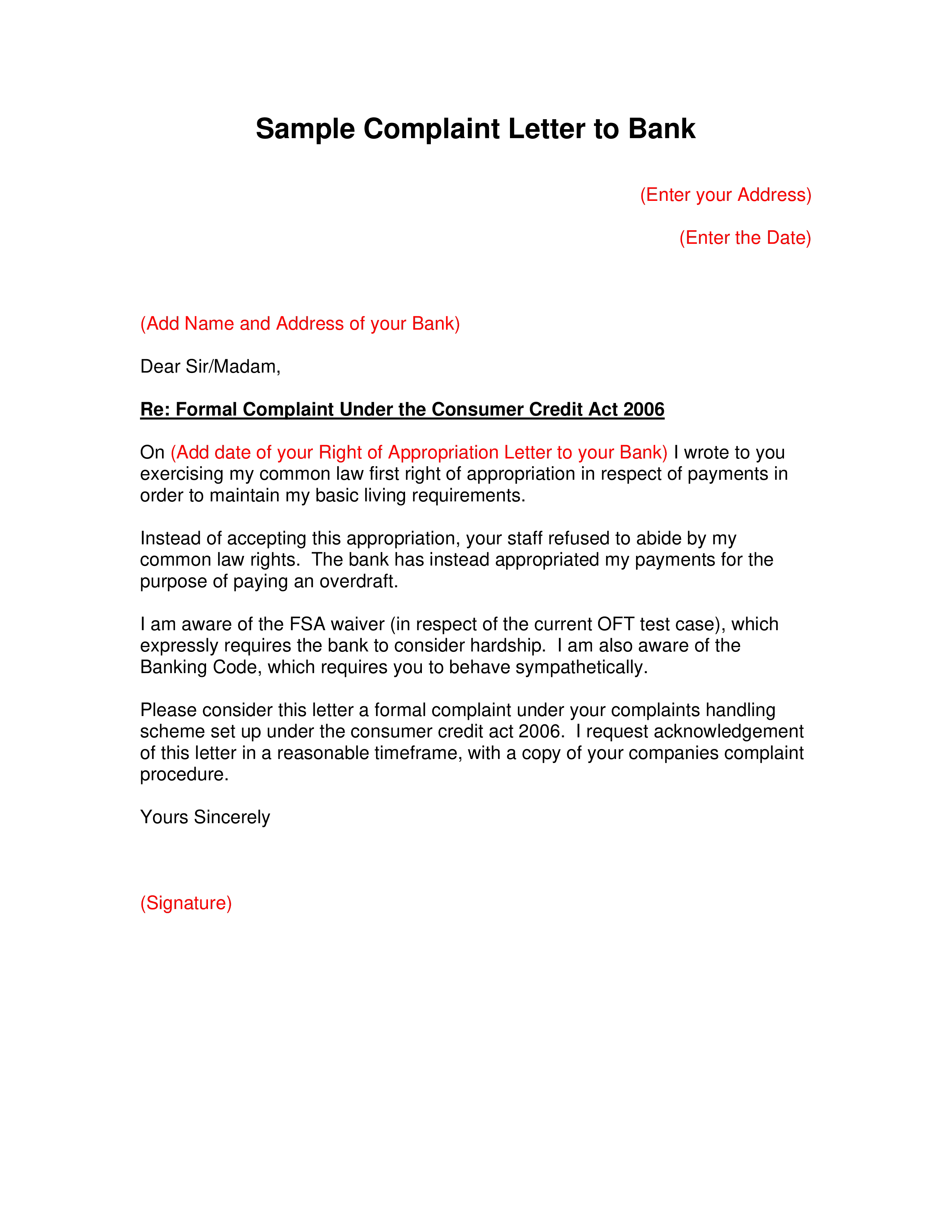 sample right of appropriation letter to bank template