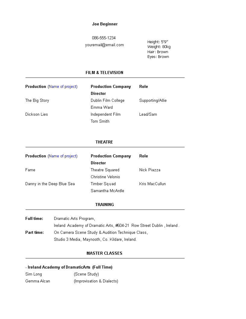 Kostenloses Beginner Acting Resume template With Theatrical Resume Template Word