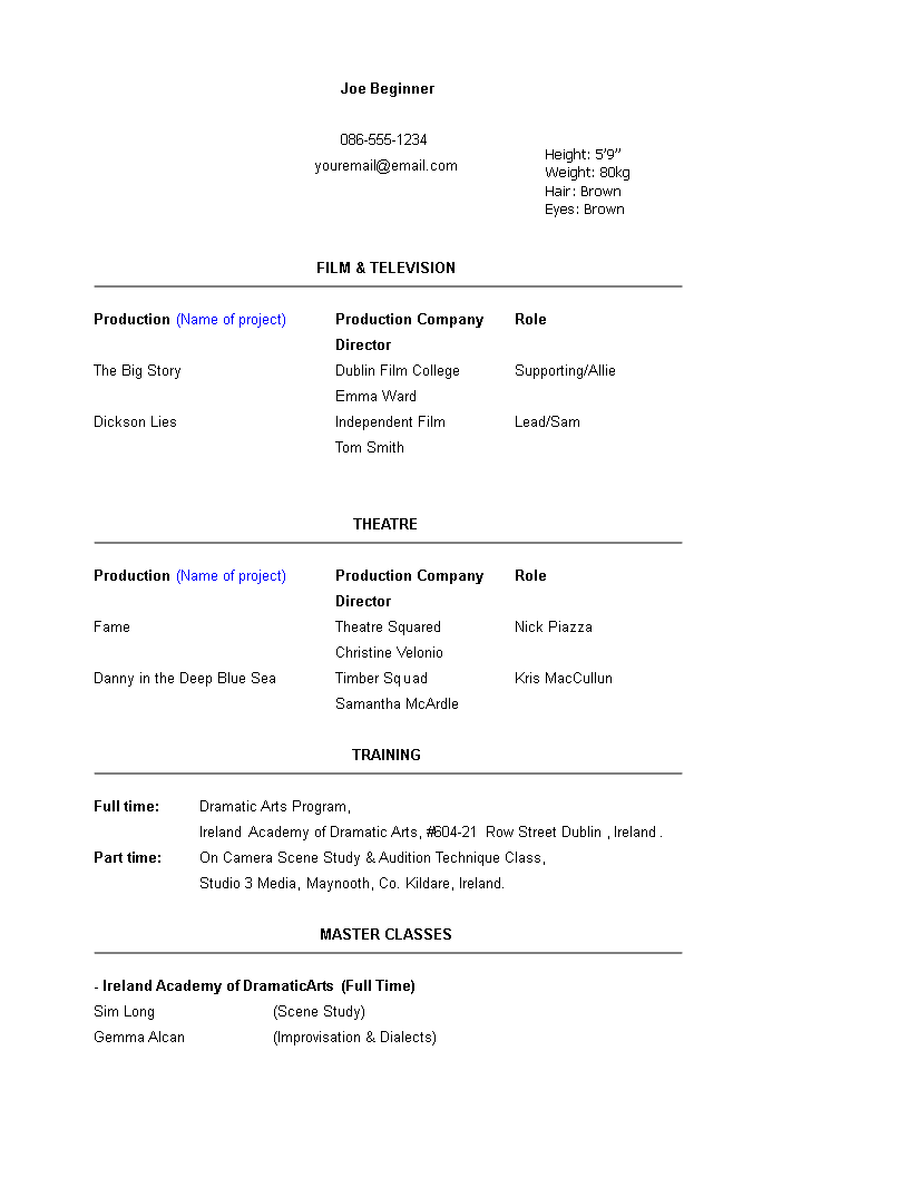 beginner acting resume template voorbeeld afbeelding 