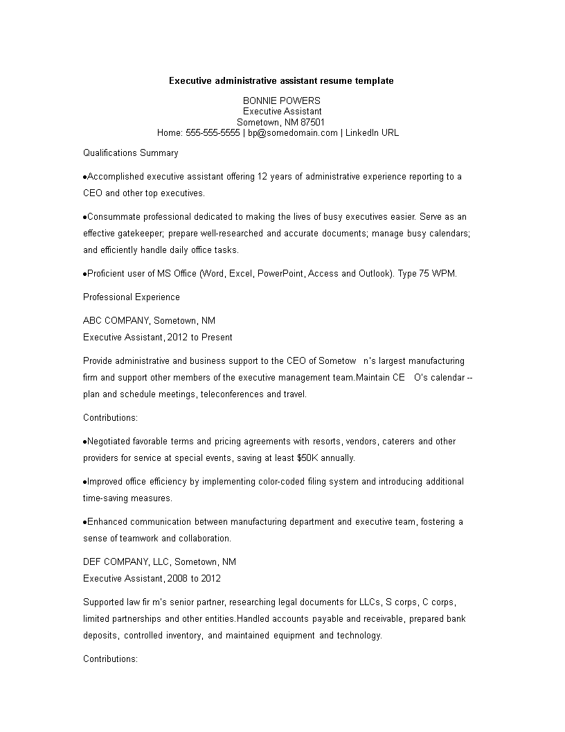 administrative executive assistant resume template