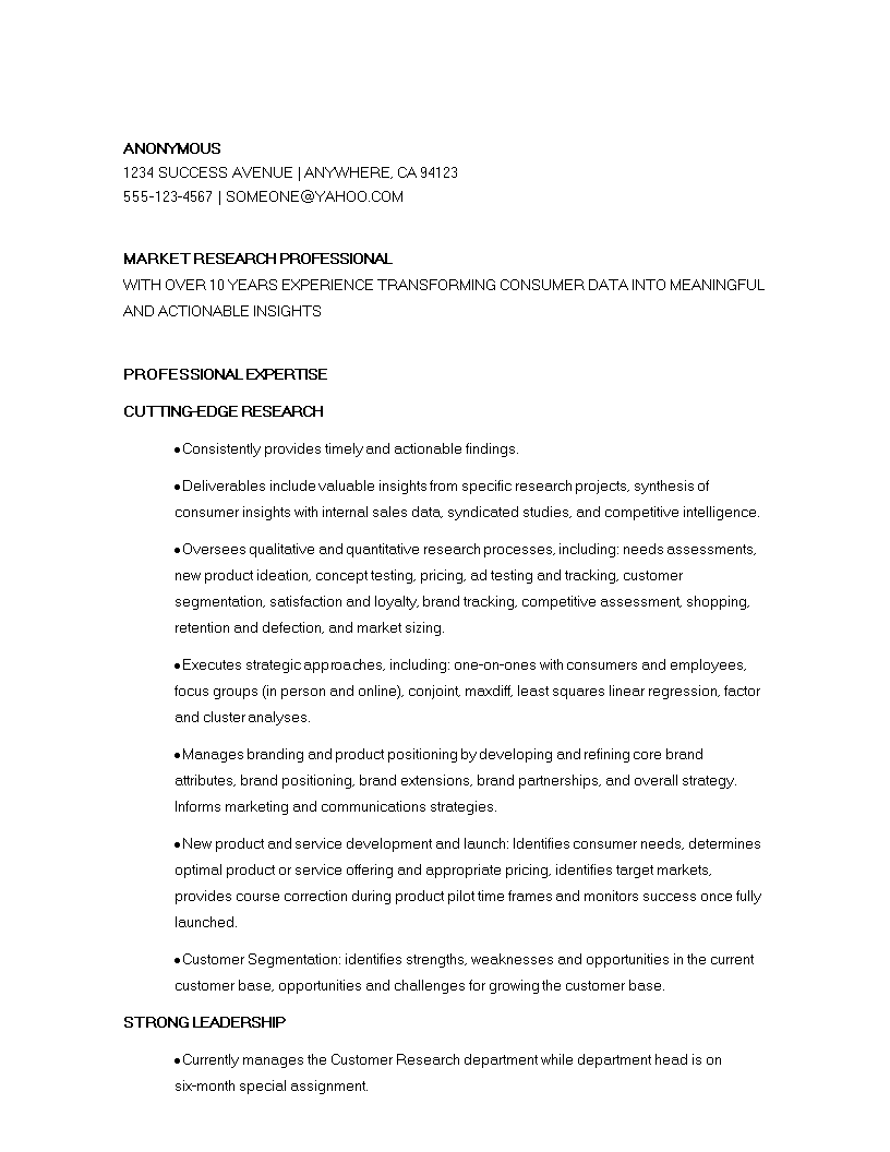 marketing research manager resume template