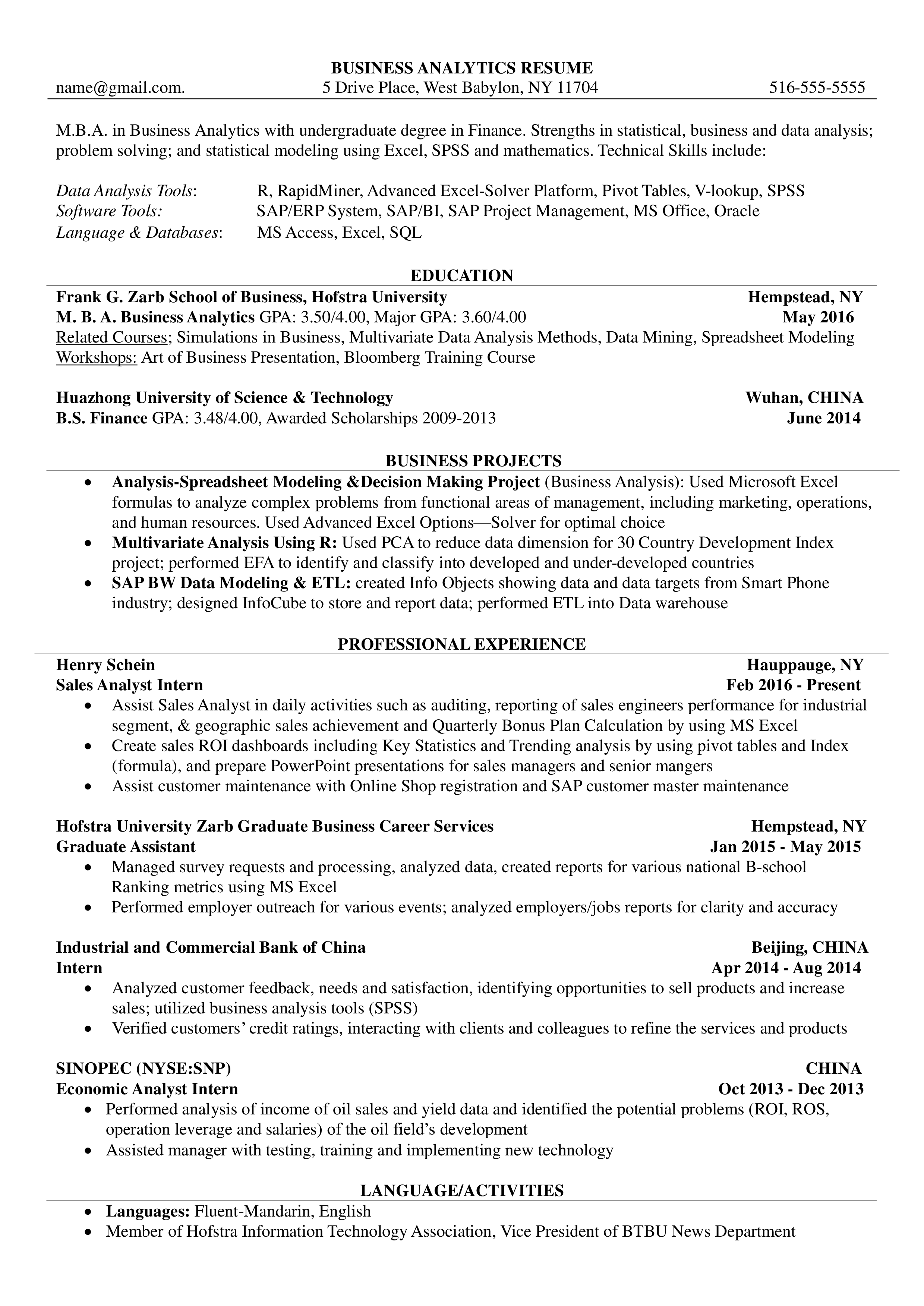 Business Analyst Internship Curriculum Vitae main image