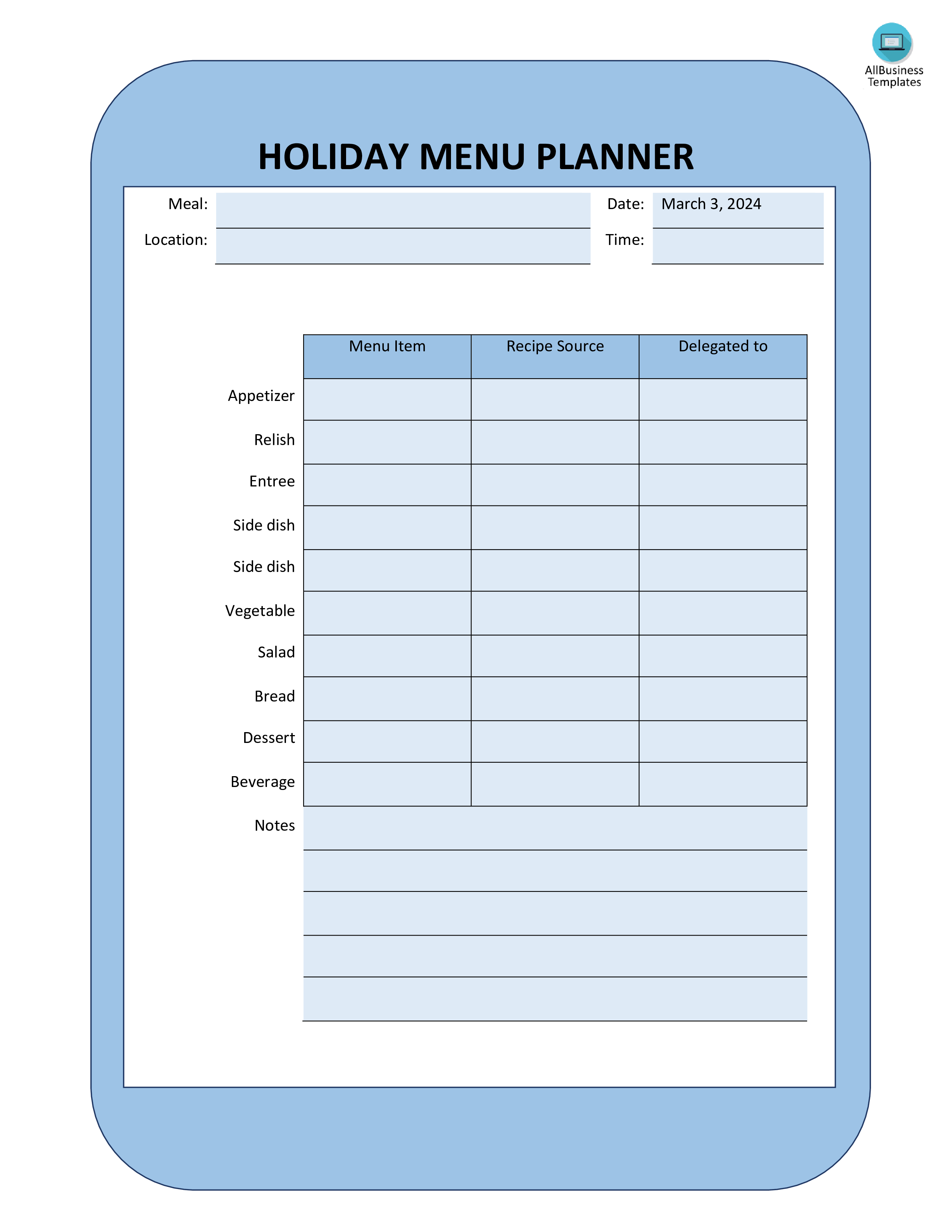 Holiday Meal Planning 模板
