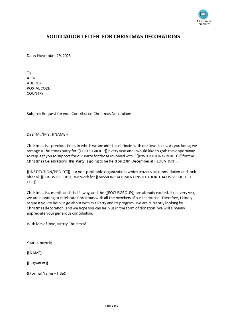 solicitation letter for christmas decorations voorbeeld afbeelding 