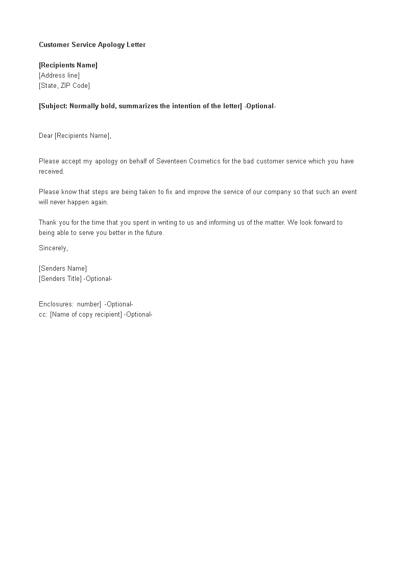 customer service apology letter template