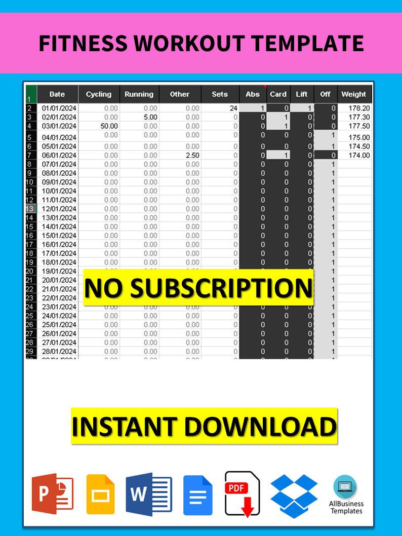 fitness workout excel template voorbeeld afbeelding 