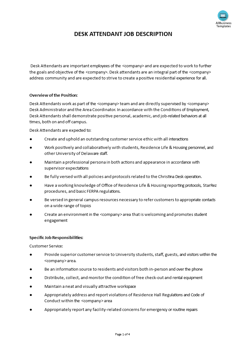 desk attendant job description modèles