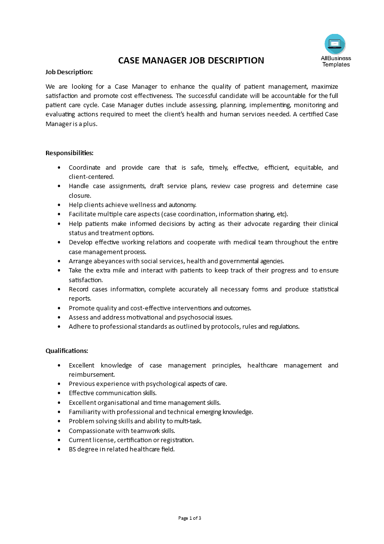 case manager job description modèles