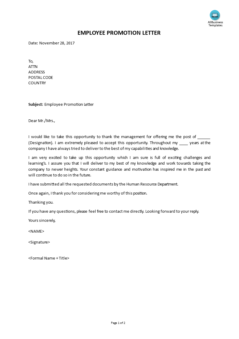 promotion thankyou letter template